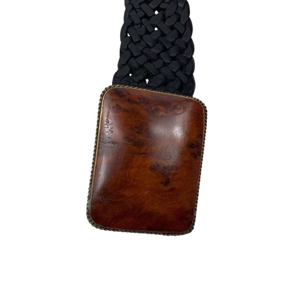 Vintage Black Braided Leather Belt With Wooden Buckle Mens Large Made In Morocco - Picture 4 of 11